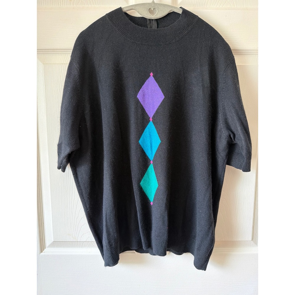 Koret Silk Angora Vintage Short Sleeve Sweater Womens 2X Black Diamond Geometric